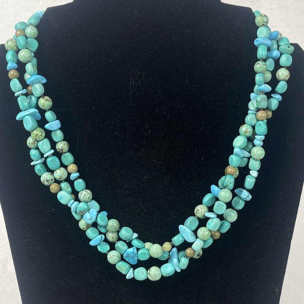 Sterling Silver 925 Peyote Bird 3 Strand Turquoise Chunky Necklace 18"